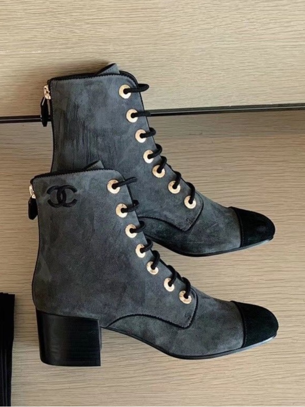 CHANEL Olive Green Suede Lace-Up Ankle Boots with Black Trim Sz 38 C